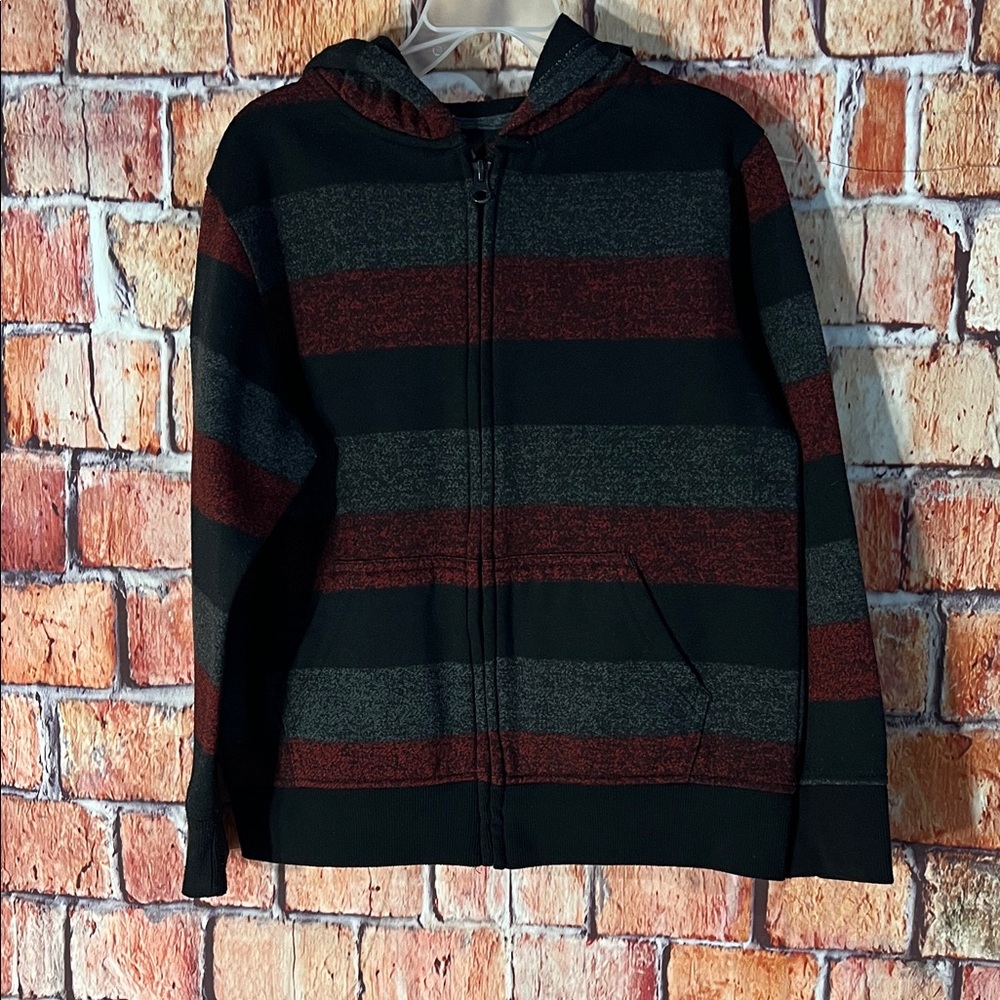 Kids Black, Gray and Burgundy Striped Hooded Zippered Fleece Size 7
